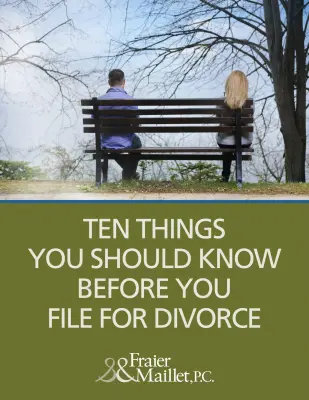 Ebook with an image of a man and woman sitting at opposite ends of a bench and the book is entitled "Ten things you should know before you file for divorce"